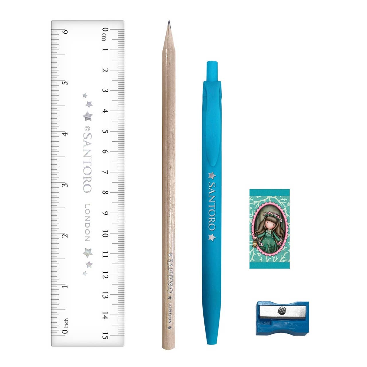 Pencil, blue pen, ruler, and sharpener on a white background with Santoro branding.
