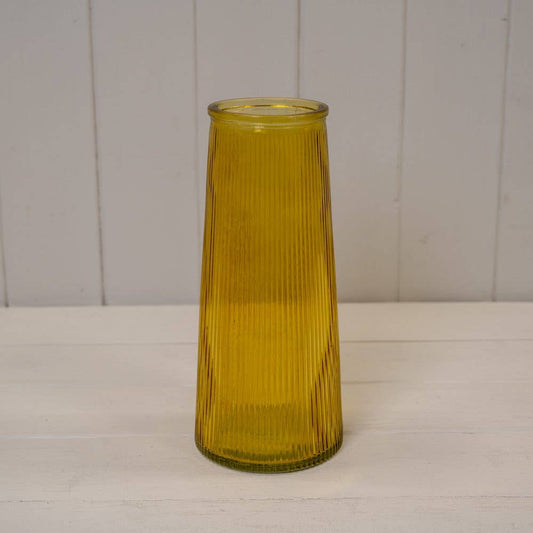 Yellow ribbed glass vase. Tapered at the top
