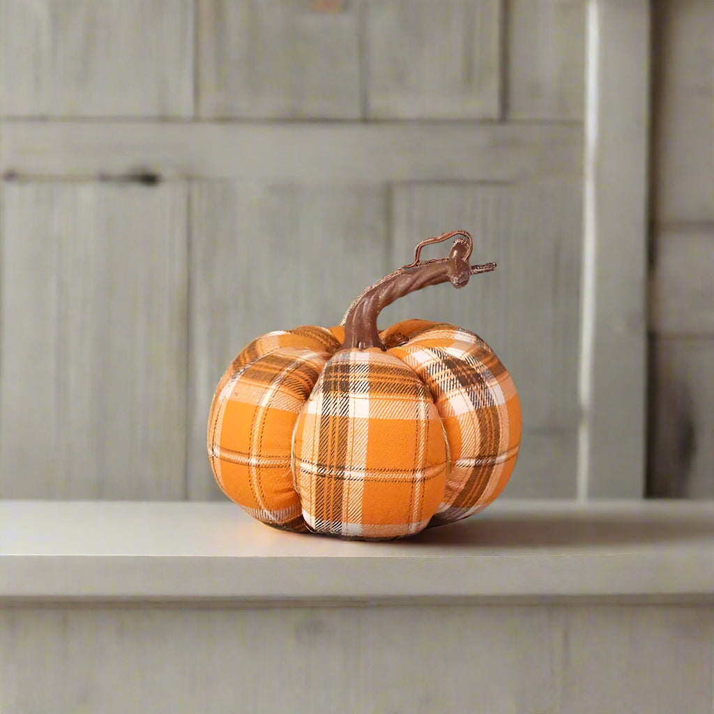Pretty orange and cream tartan fabric pumpkin with plastic stem