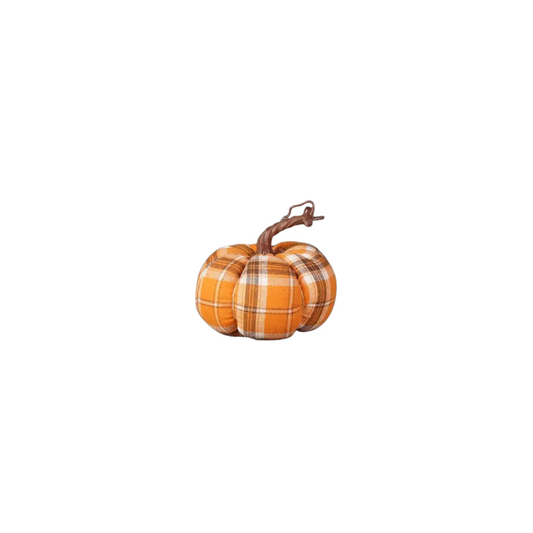 Pretty orange and cream tartan fabric pumpkin with plastic stem on white background