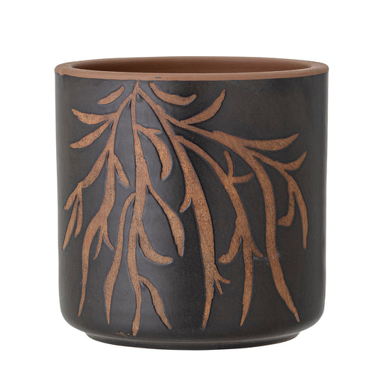 Black ceramic planter with brown leaf pattern on a white background