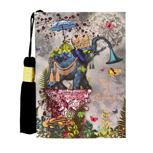 Decorative pouch with an elephant design and colorful elements on a white background