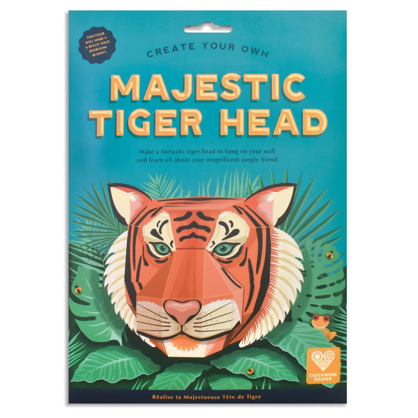 Packaging for 'Create Your Own Majestic Tiger Head' craft kit with tiger illustration and green leaves.
