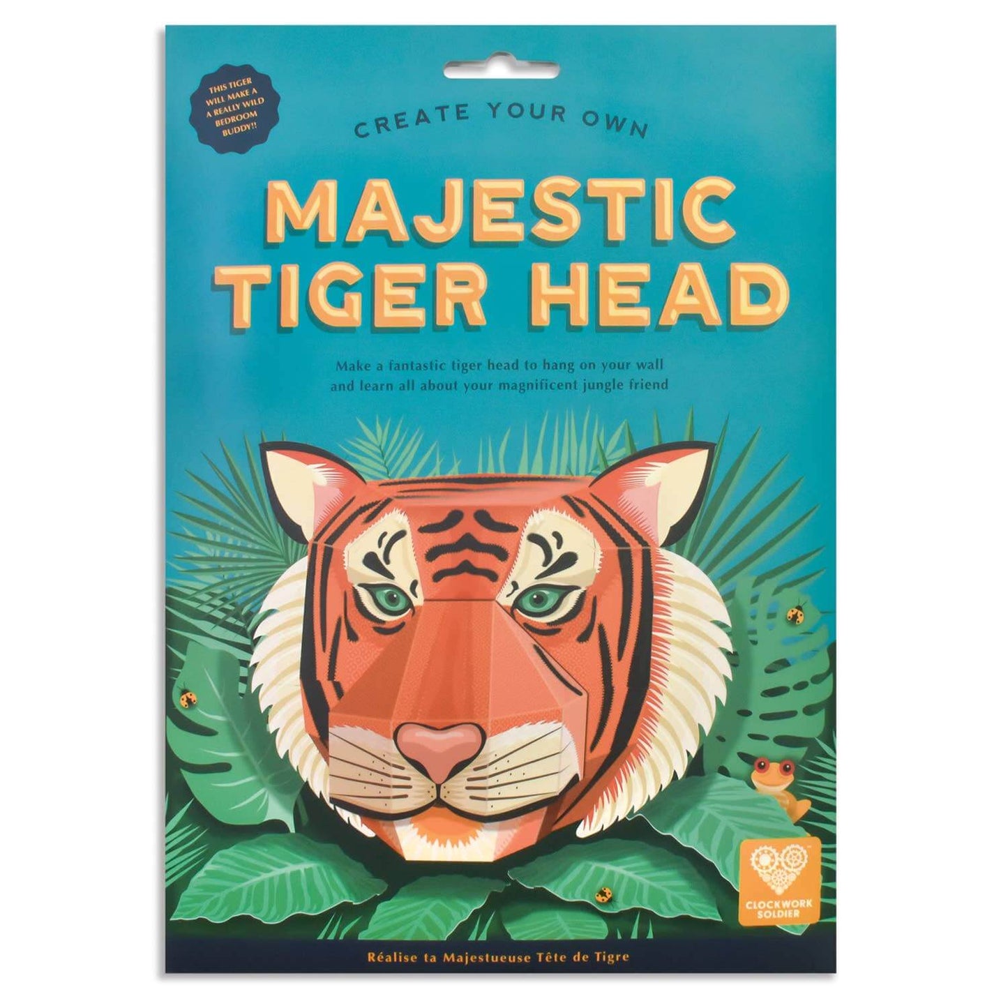Packaging for 'Create Your Own Majestic Tiger Head' craft kit with tiger illustration and green leaves.