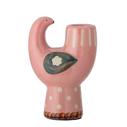 A pink bird-shaped stoneware candle holder with hand-painted details and a soft glaze.
