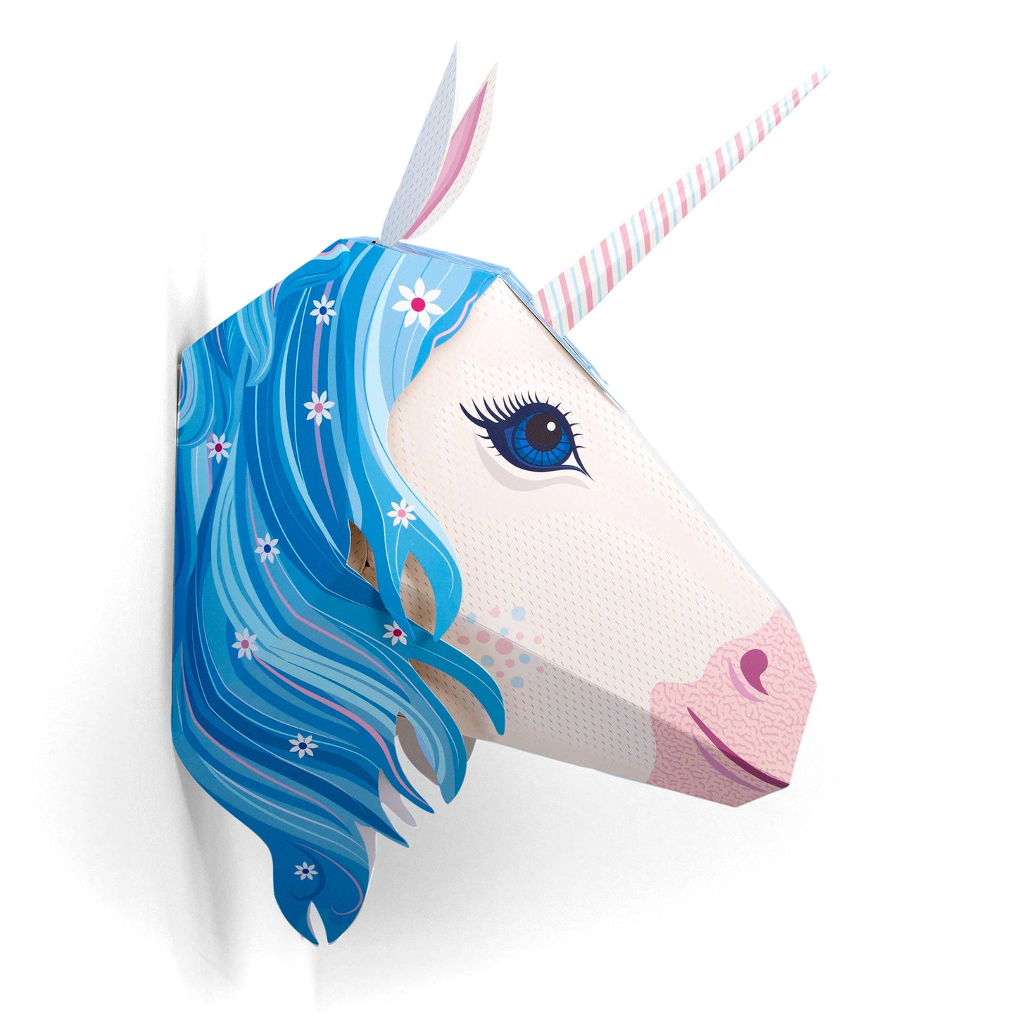 Unicorn head with blue hair and pink nose on a white background