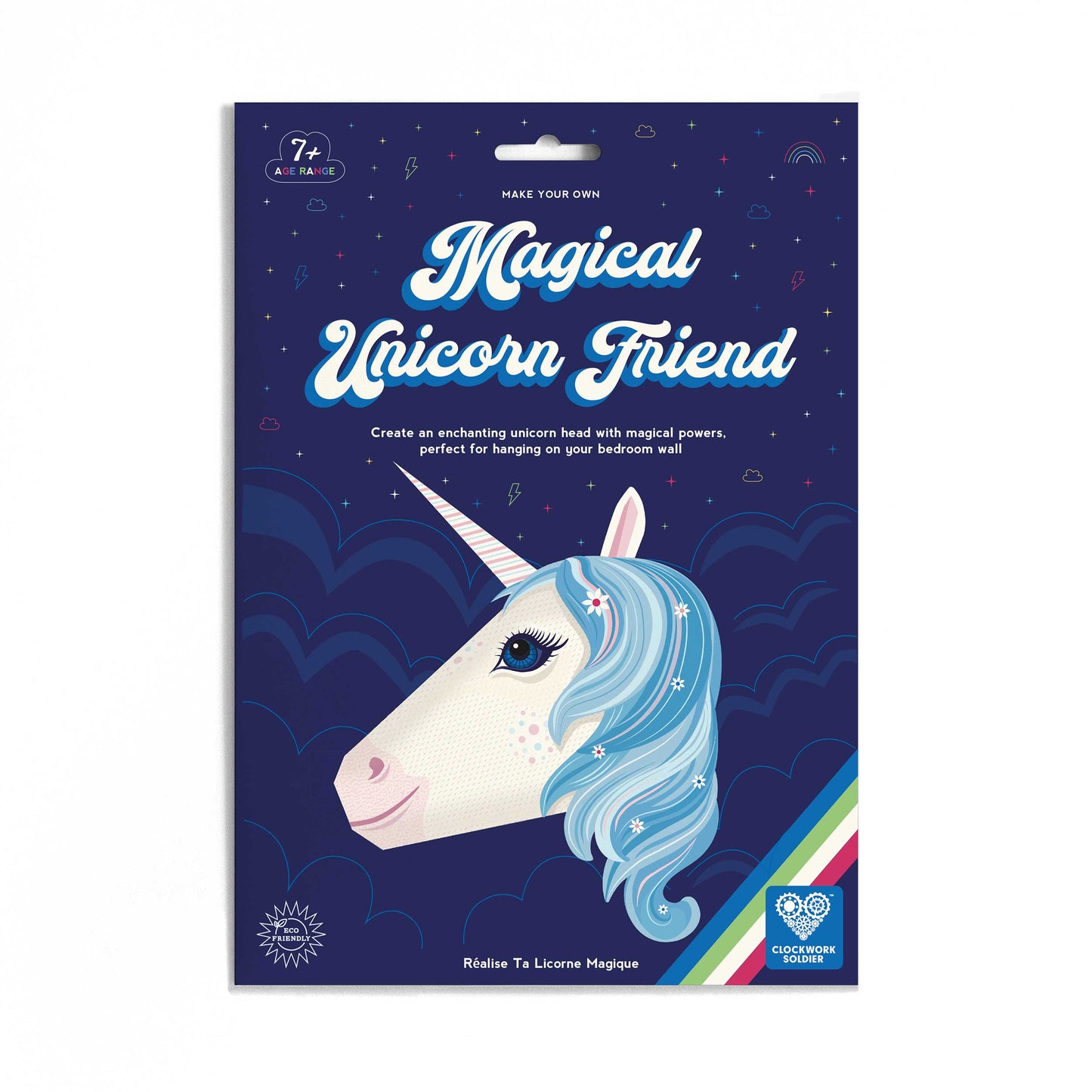 Packaging for 'Make Your Own Magical Unicorn Friend' craft kit with a unicorn illustration on a blue background.