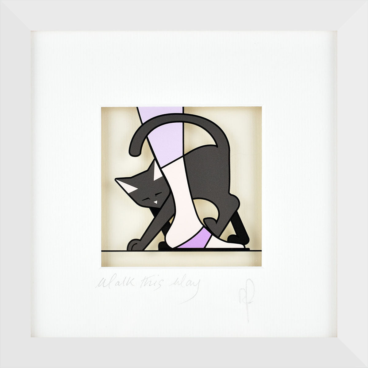 Illustration of a black cat walking on a person's foot with abstract geometric background