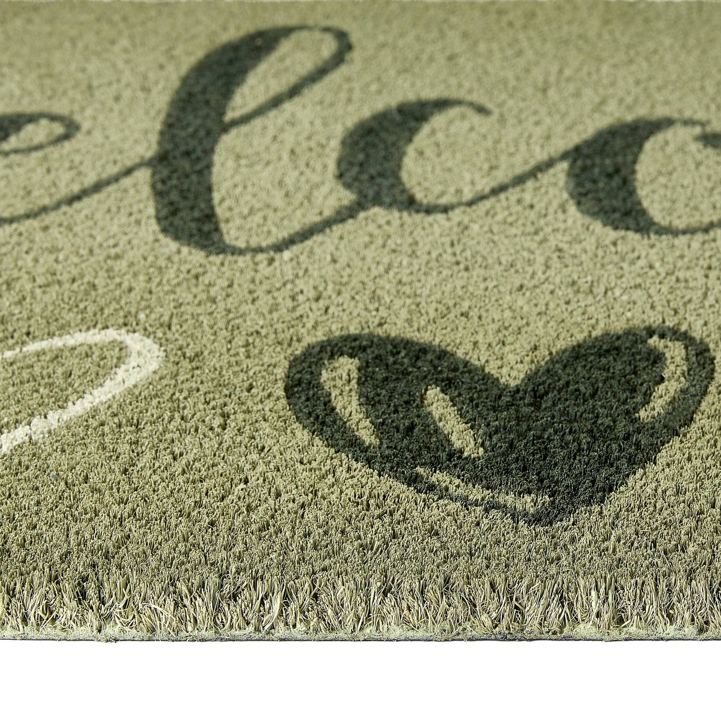 Doormat with 'Welcome' text and heart design on a textured surface