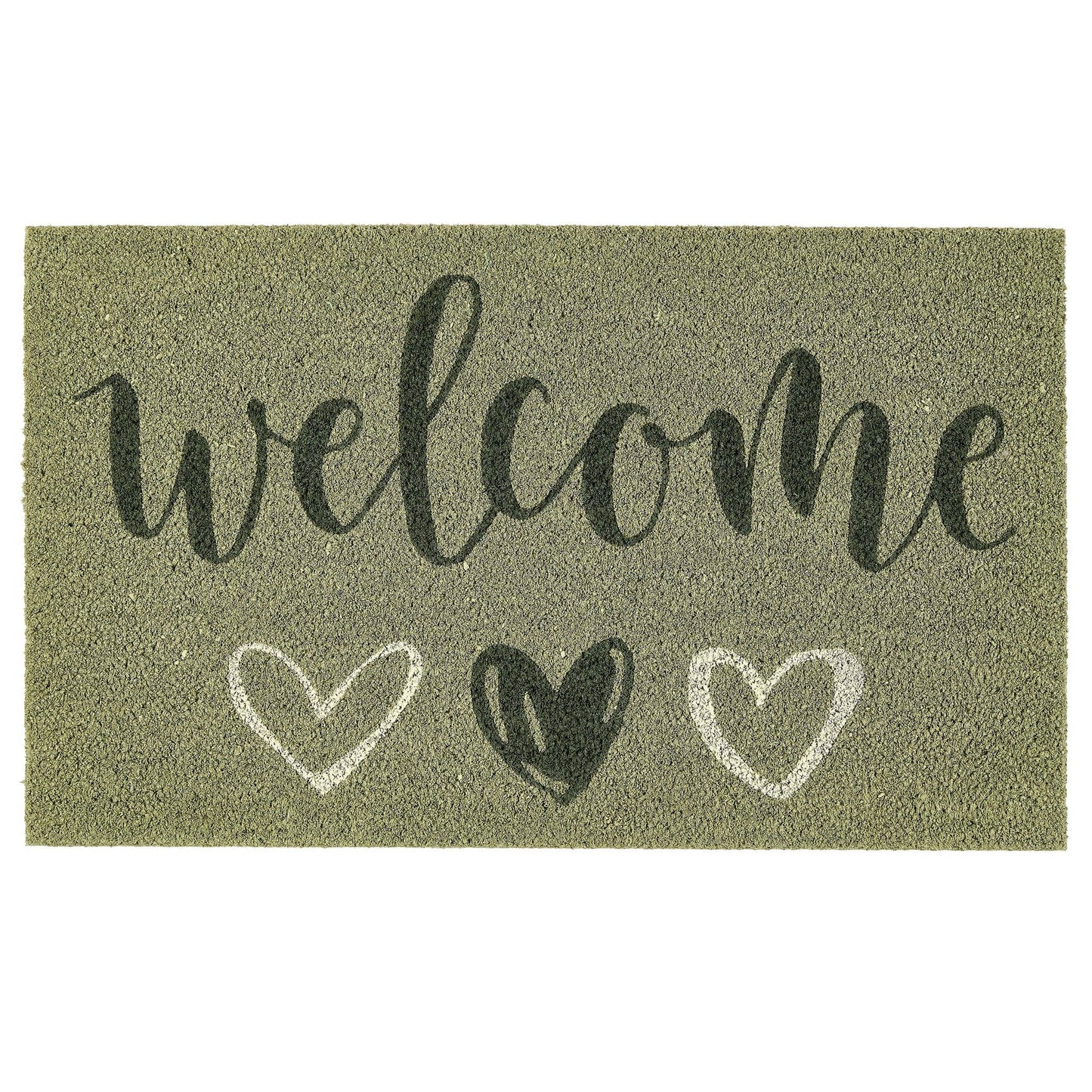 Green doormat with 'welcome' text and heart designs on a white background