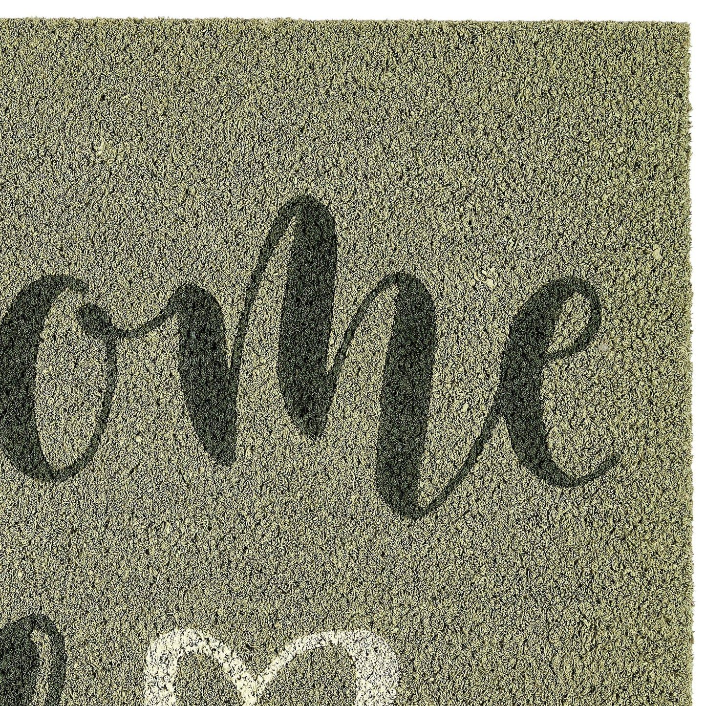 Textured green doormat with 'Welcome' printed on it