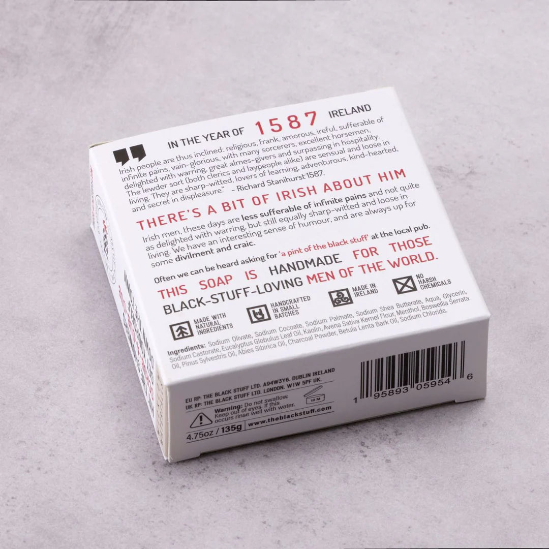 Back of a soap packaging box with text on a gray background