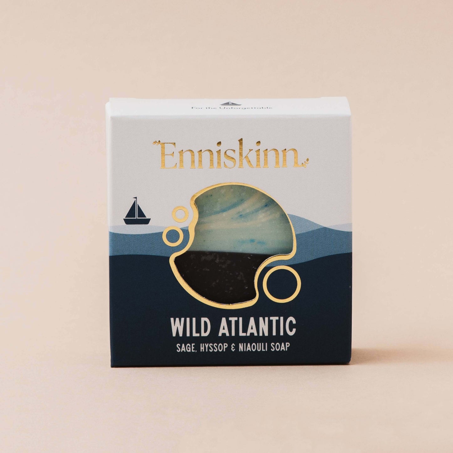 Handmade soap Wild Atlantic packaging featuring sage, hyssop, and niaouli essential oils.