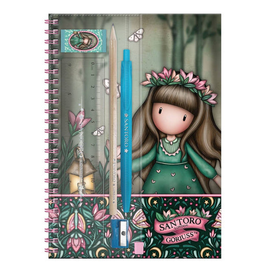 Notebook with a girl illustration and stationery items on a forest-themed cover, featuring the Santoro Gorjuss brand.