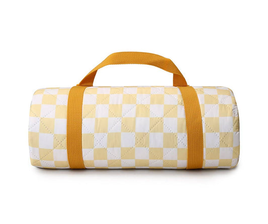 Soft yellow and white check padded picnic blanket with mustard carrying strap