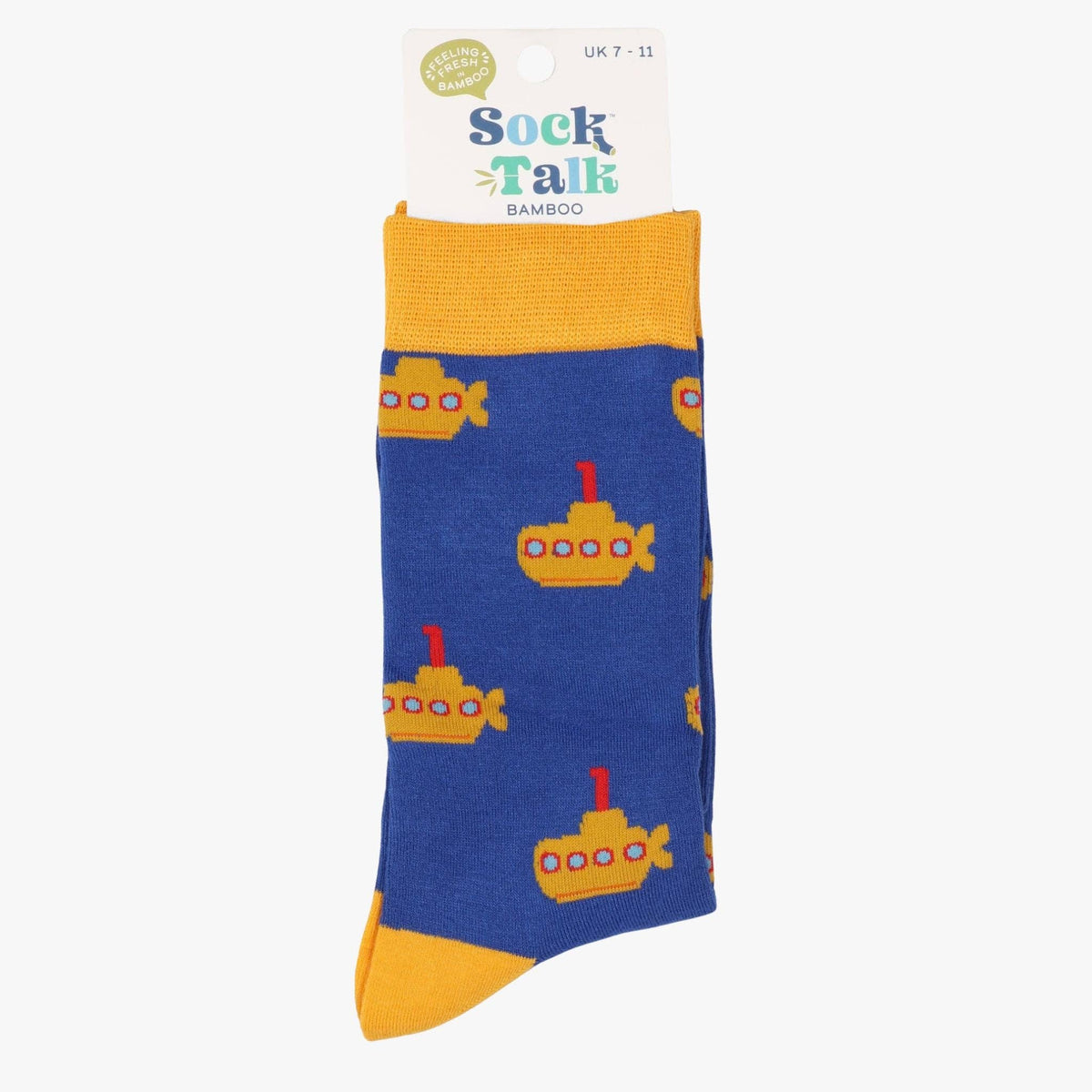 Blue sock with yellow submarines and yellow cuff, displayed on a white background.