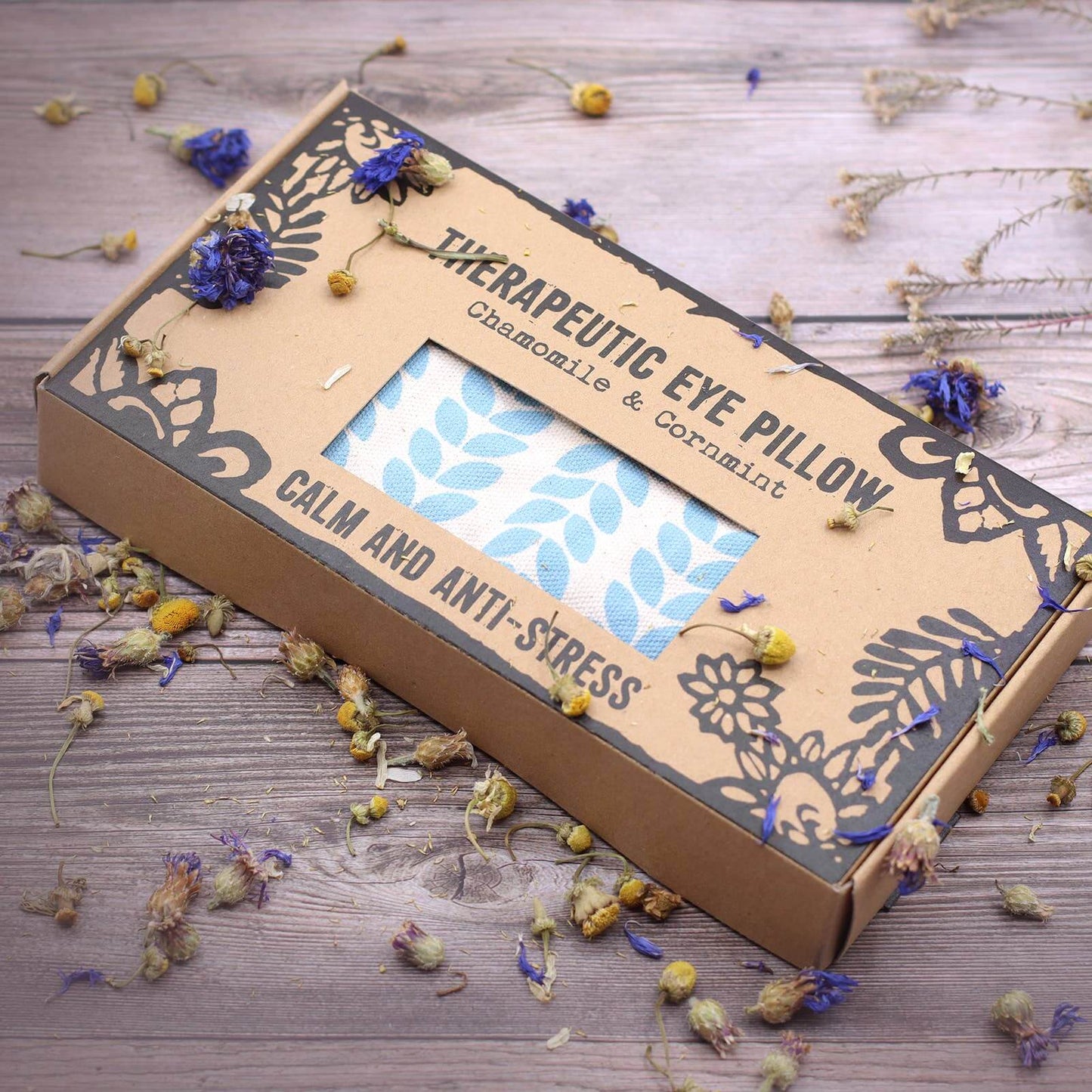 Agnes + Cat Becalmed Eye Pillow packaging with floral design for calming relaxation.