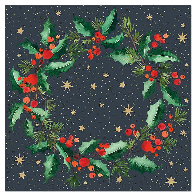 A square decorative print featuring a wreath of green holly leaves and red berries on a dark navy background with scattered gold stars.
