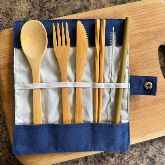 Bamboo Cutlery set, spoon, knife, fork, chopsticks, straw and straw brush in navy carry pouch