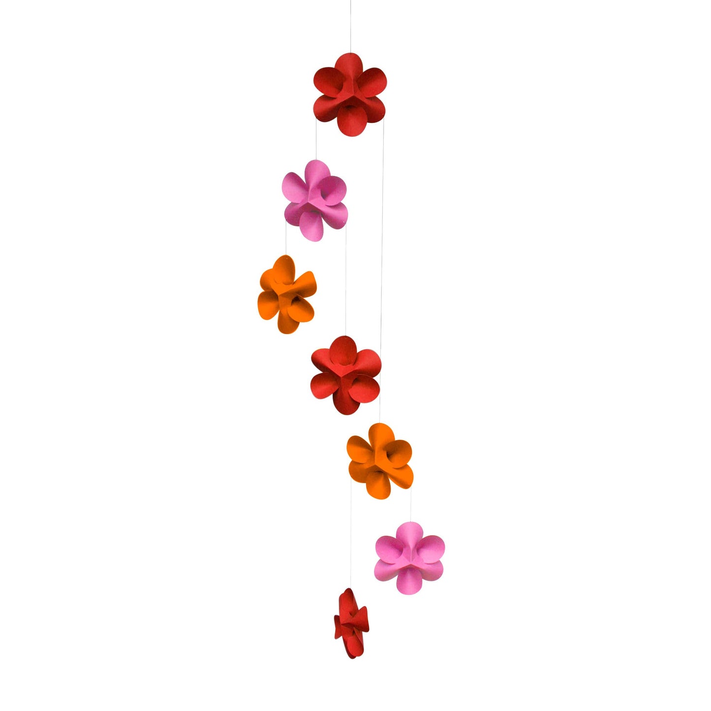 Paper flower mobile in red orange and pink on a white background