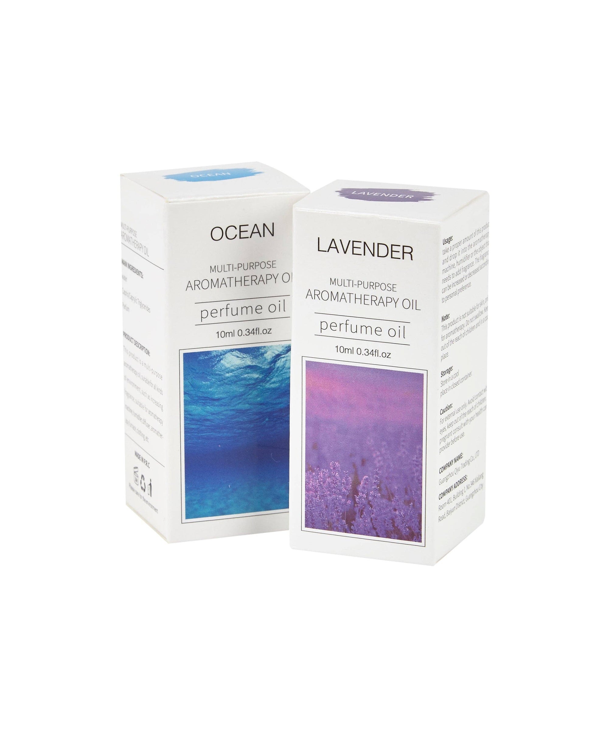 Two boxes of multi-purpose aromatherapy oil perfume, one labeled 'Ocean' and the other 'Lavender', on a white background.