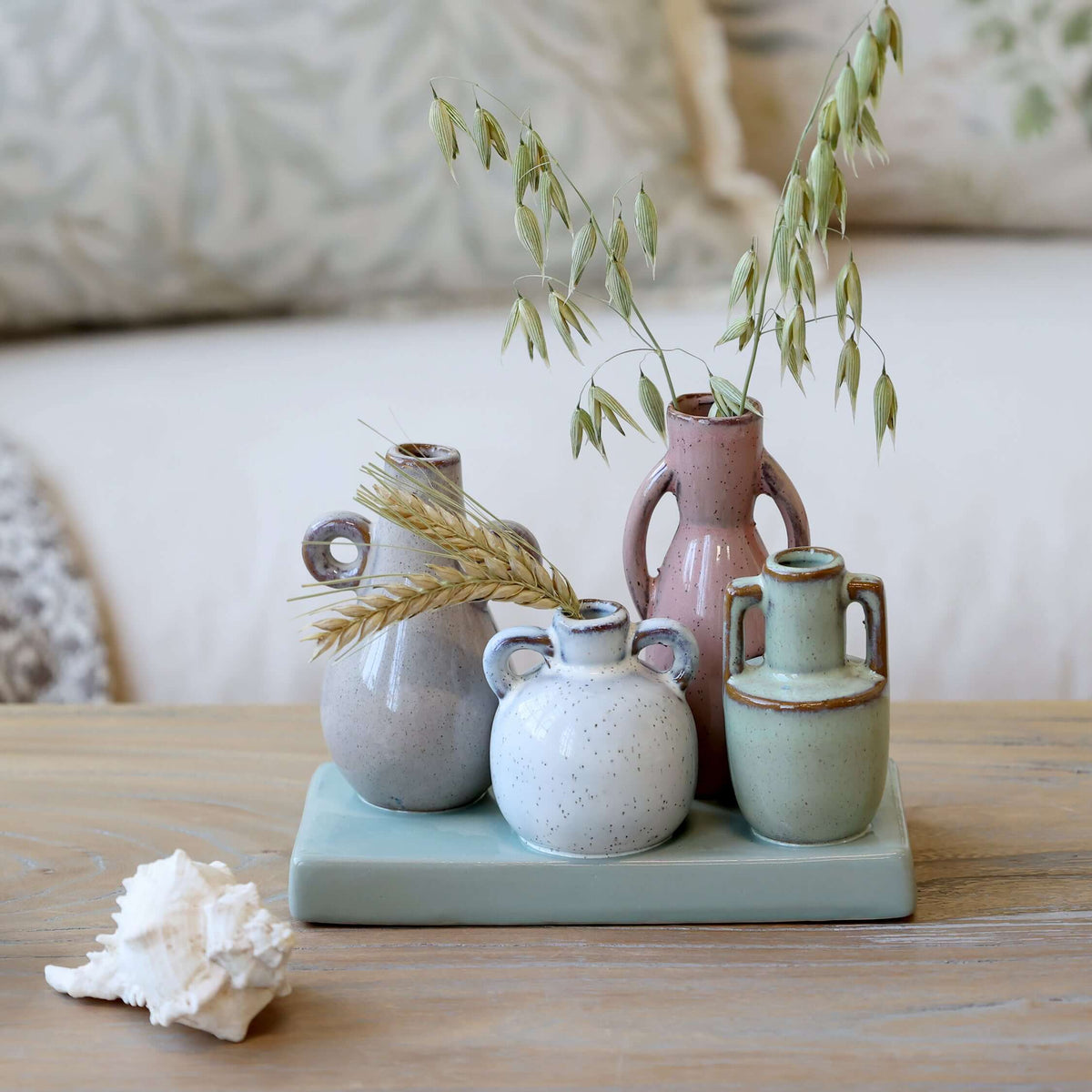 Set of ceramic vases on a tray with plants on a wooden surface