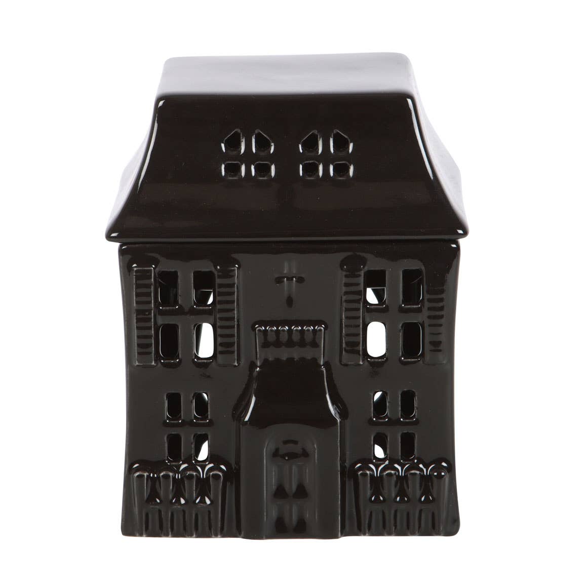 Ceramic black gothic house wax or oil burner. Front view with roof lid on 