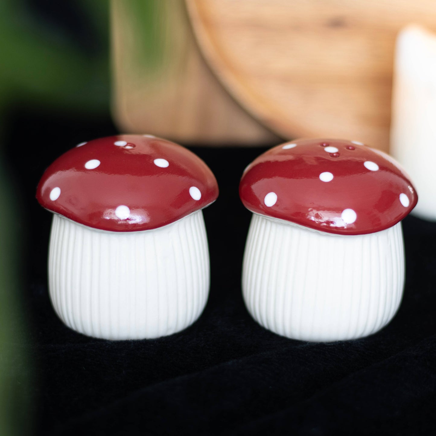 Set of Toadstool Salt and Pepper Shakers. White base and red with white spots top. Sitting on a black background