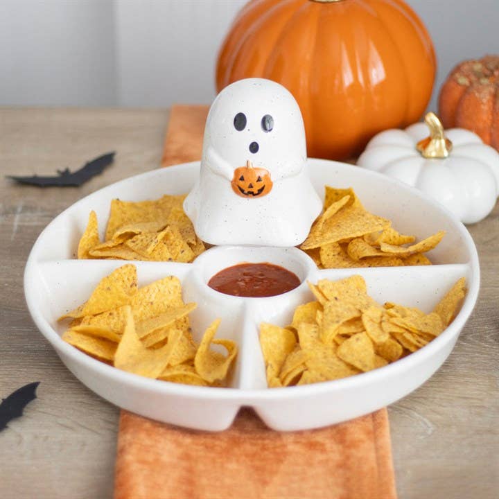  Ghost Halloween Chip & Dip Snack Serving Dish on table with ghost dip cover removed