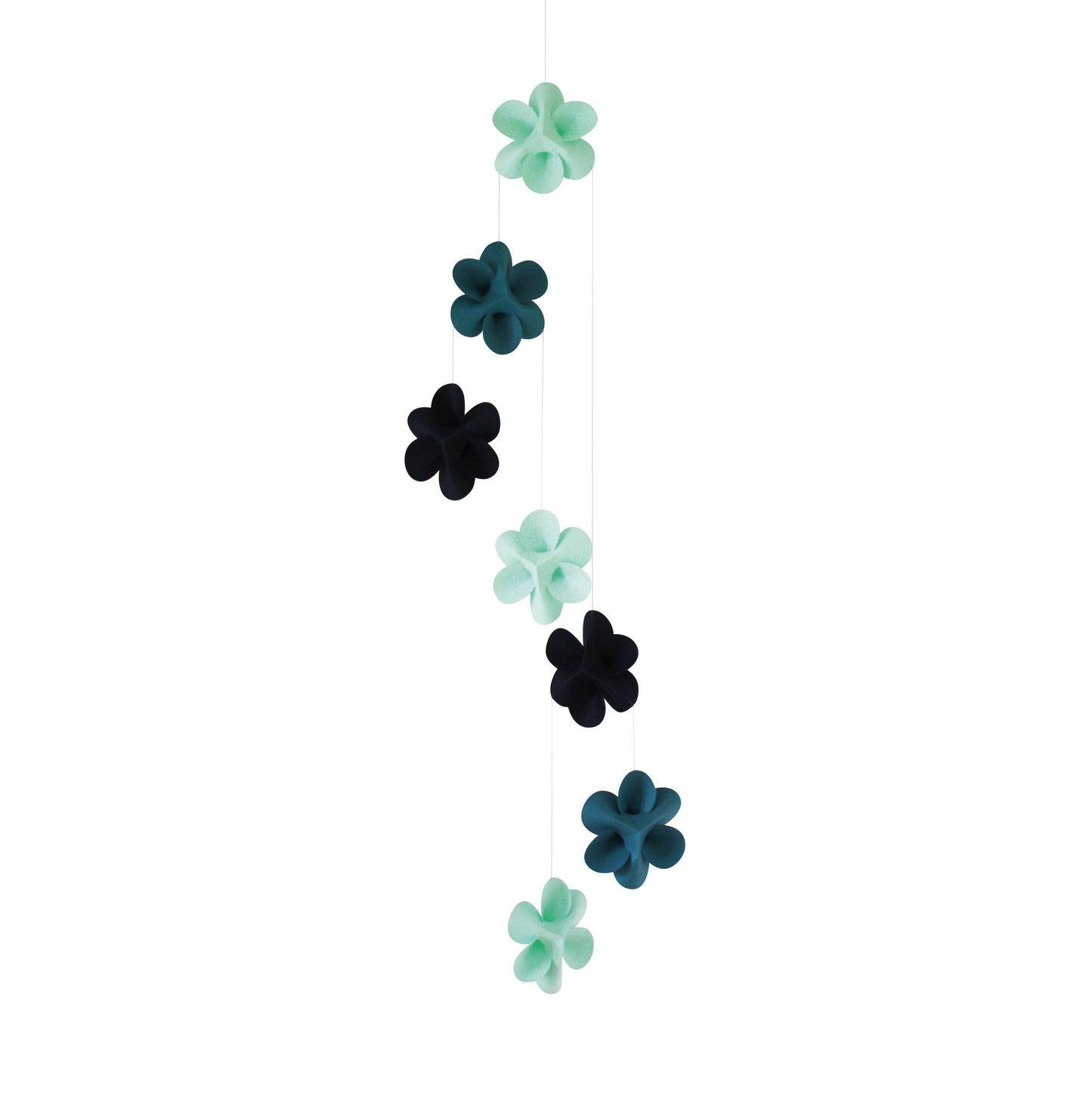 Paper flower mobile in green and blue on a white background