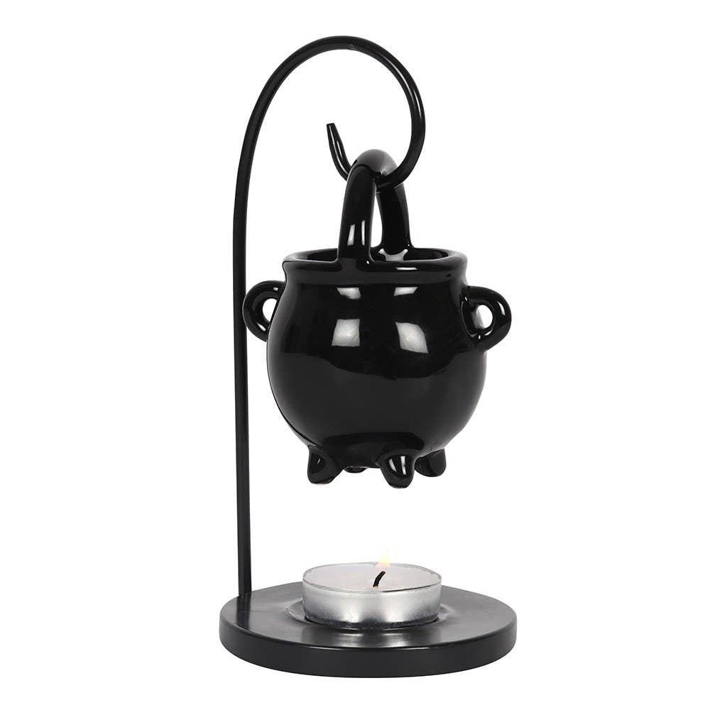 Black Ceramic Cauldron wax burner handing from a stand on white background