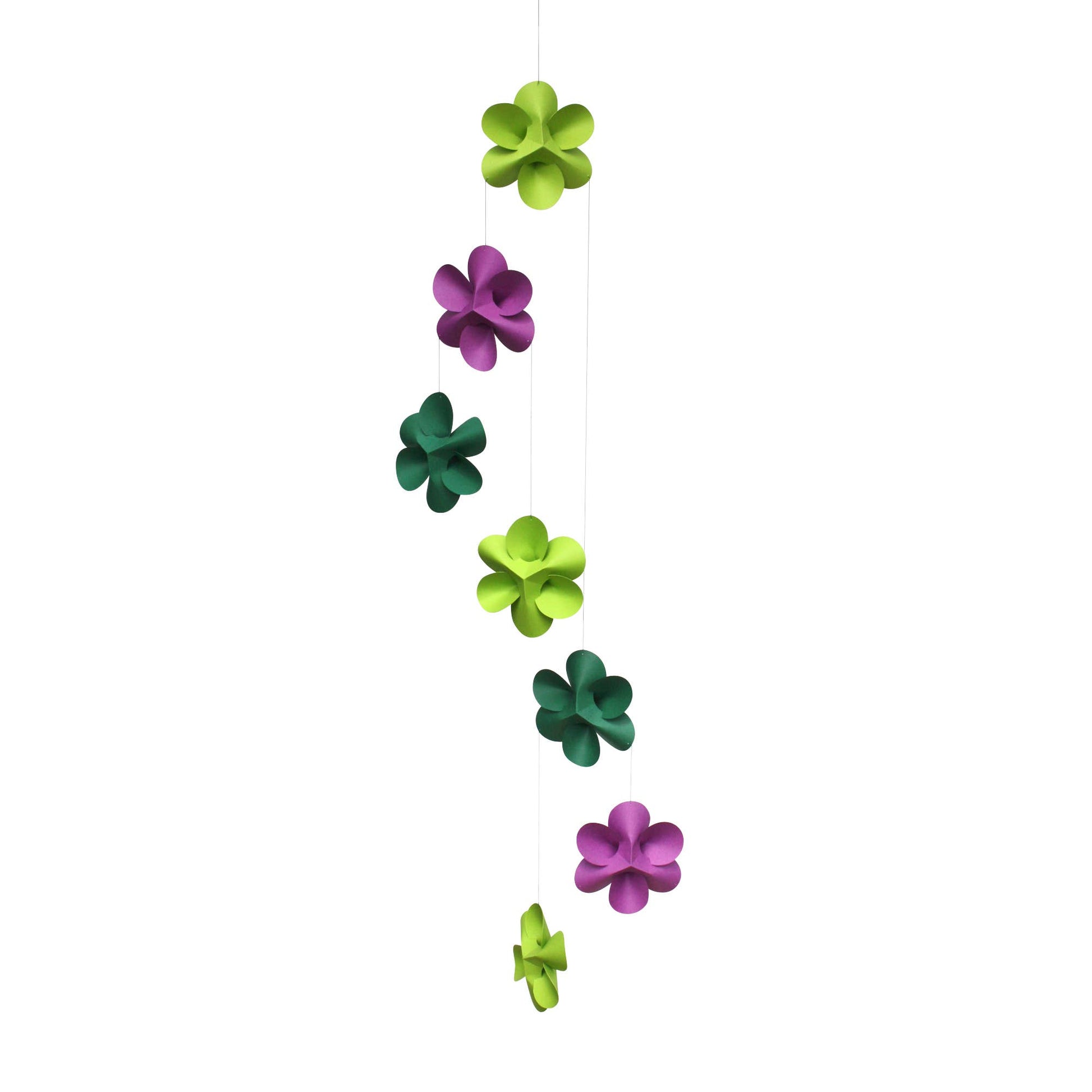 Paper flower mobile in lime green and purple on a white background