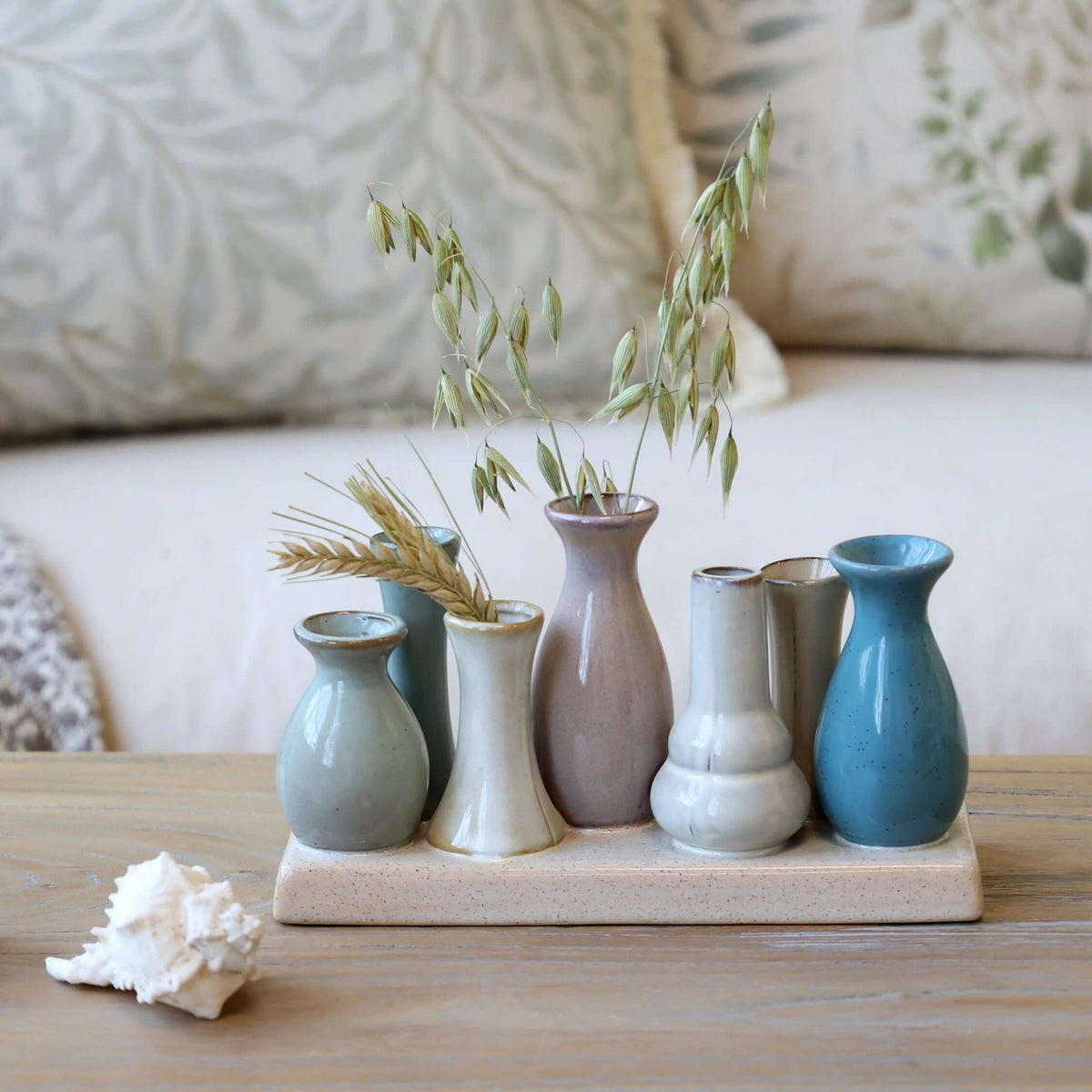 Set of small ceramic vases with plants on a wooden surface