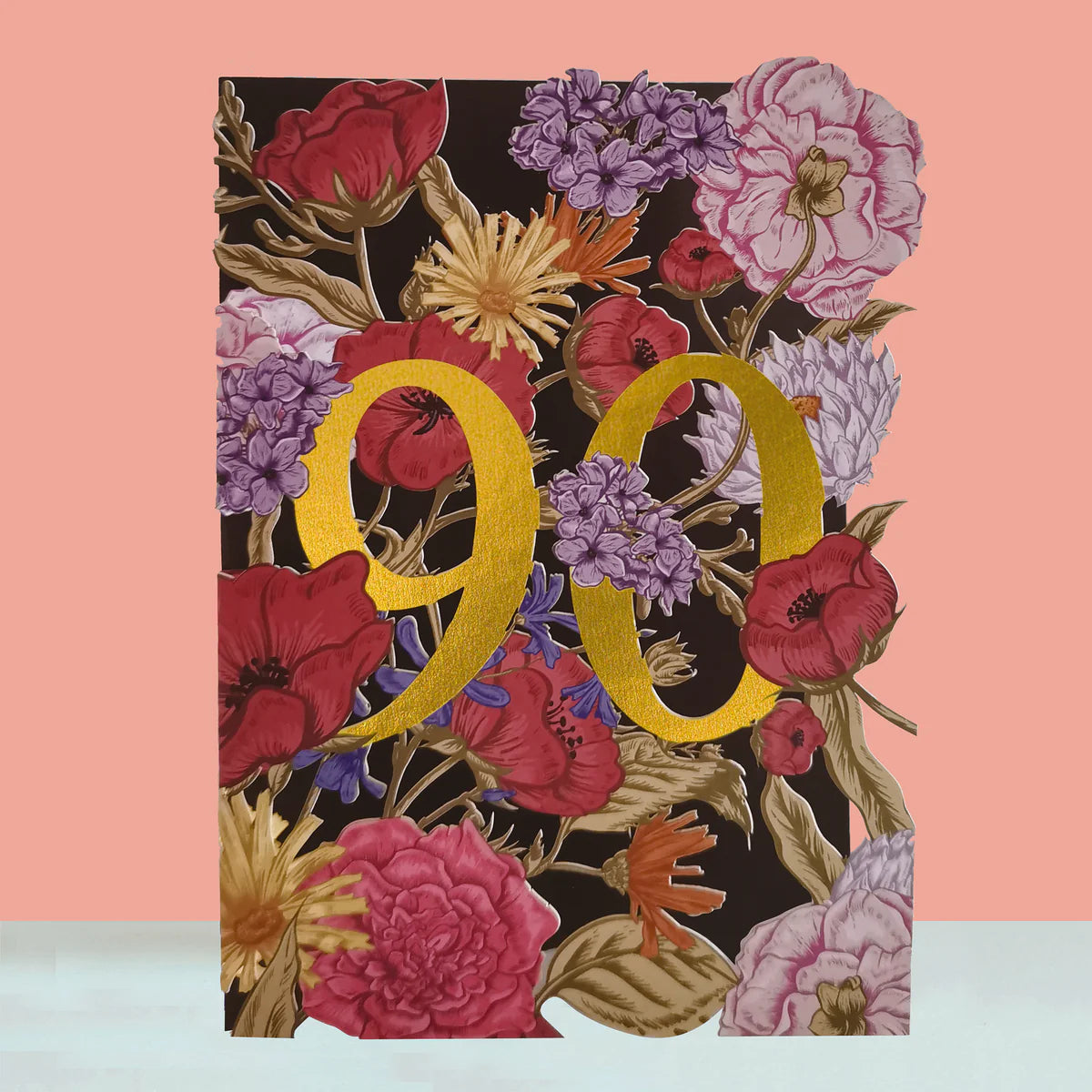Floral design with the number '90' on a pink and blue gradient background