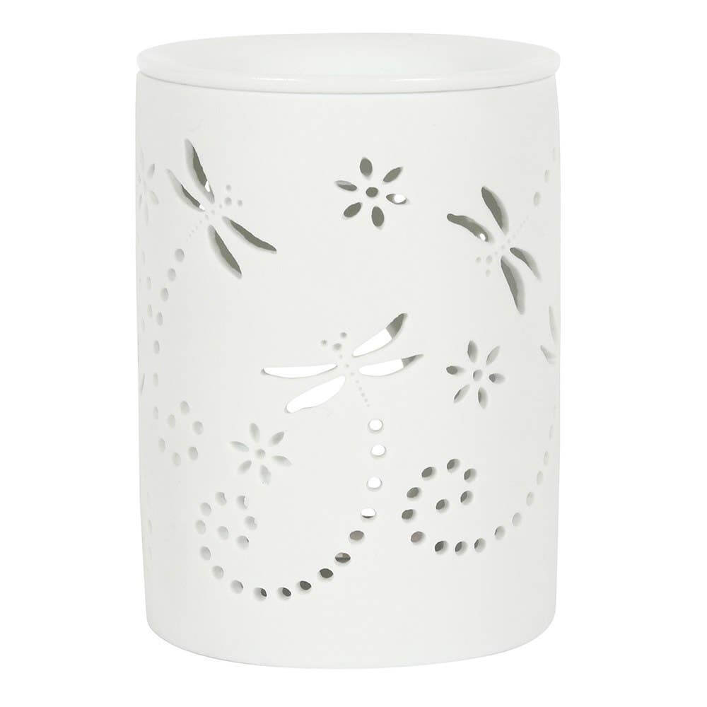 White ceramic dragonfly oil burner and wax warmer with pierced floral pattern