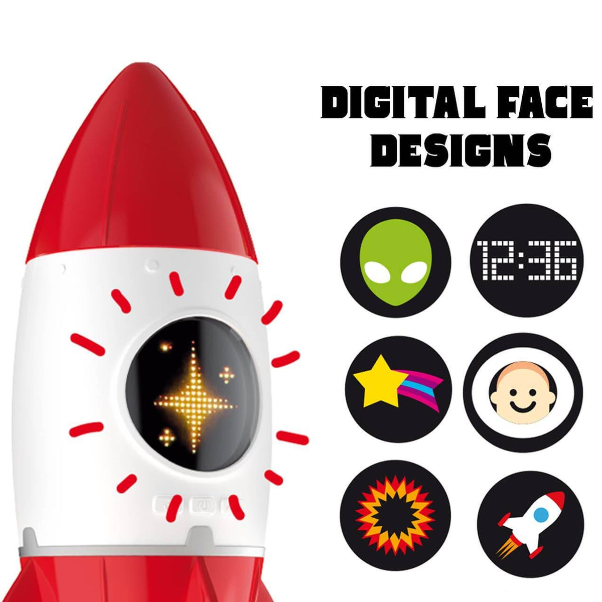 Rocket bedside light with digital clock display and interchangeable screen designs