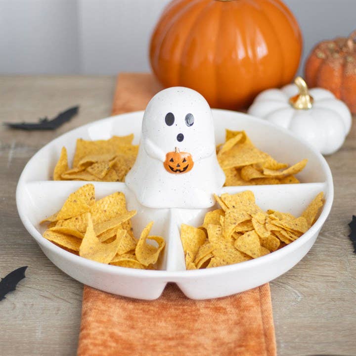  Ghost Halloween Chip & Dip Snack Serving Dish on table with ghost dip cover insitu