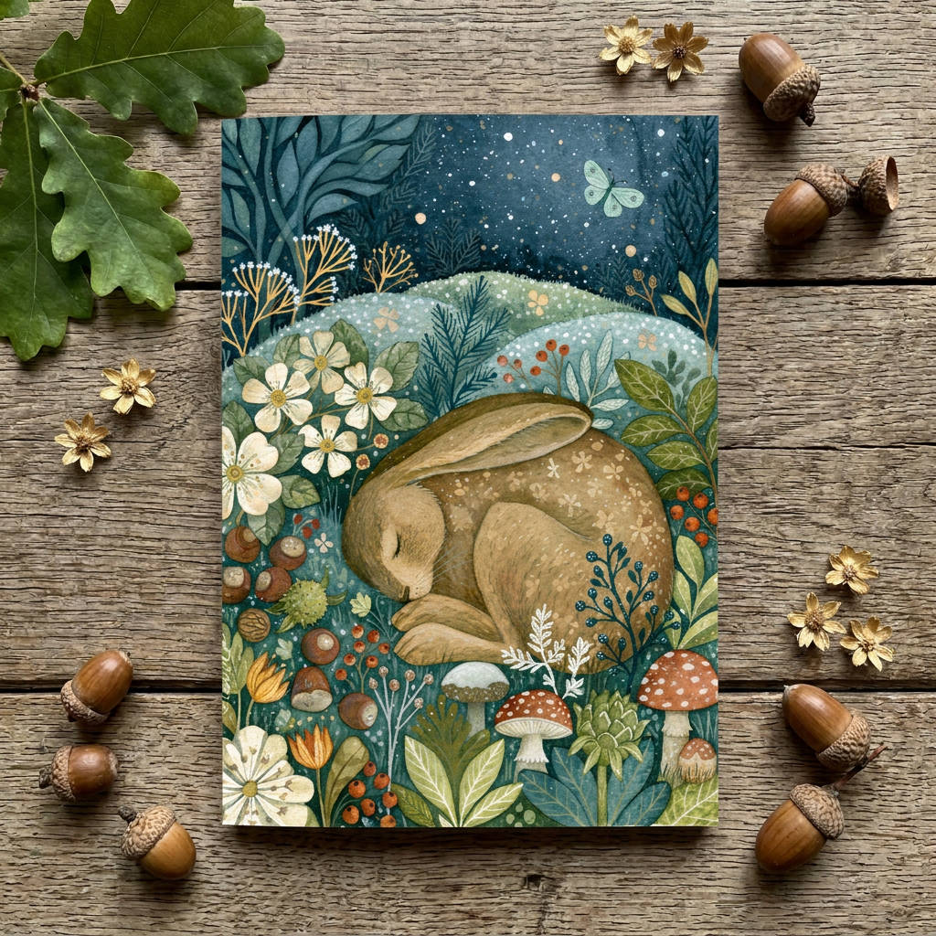 A notebook featuring an illustration of a sleeping hare in a lush forest of blue-green foliage, white flowers, and mushrooms, styled flat-lay on a rustic wooden surface with scattered acorns and leaves.