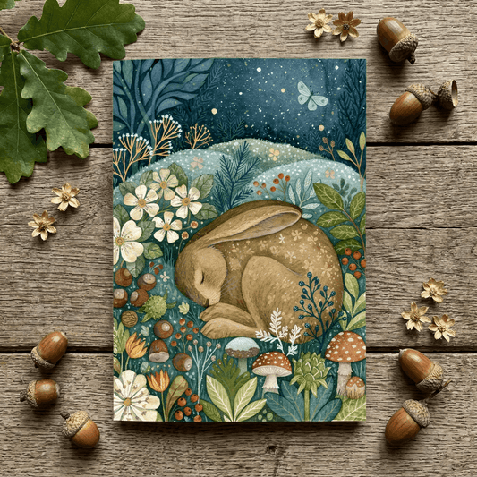 A notebook featuring an illustration of a sleeping hare in a lush forest of blue-green foliage, white flowers, and mushrooms, styled flat-lay on a rustic wooden surface with scattered acorns and leaves.