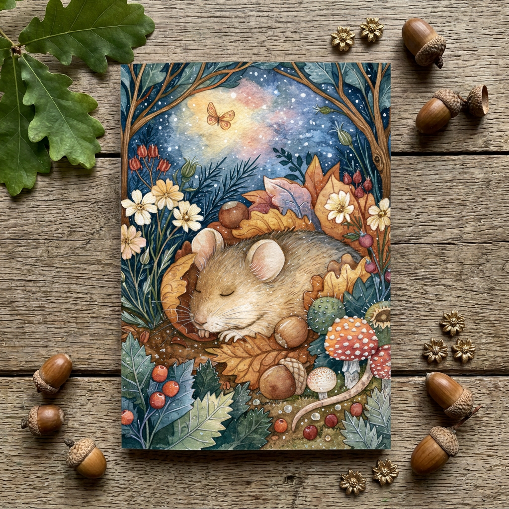 A notebook featuring a whimsical forest illustration of a sleeping mouse surrounded by autumn leaves, acorns, flowers, mushrooms, and a starry night sky, styled on a rustic wood surface with scattered acorns and leaves.