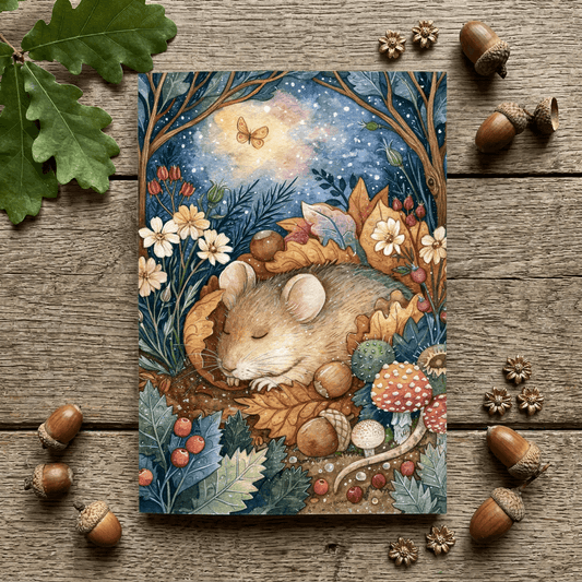 A notebook featuring a whimsical forest illustration of a sleeping mouse surrounded by autumn leaves, acorns, flowers, mushrooms, and a starry night sky, styled on a rustic wood surface with scattered acorns and leaves.