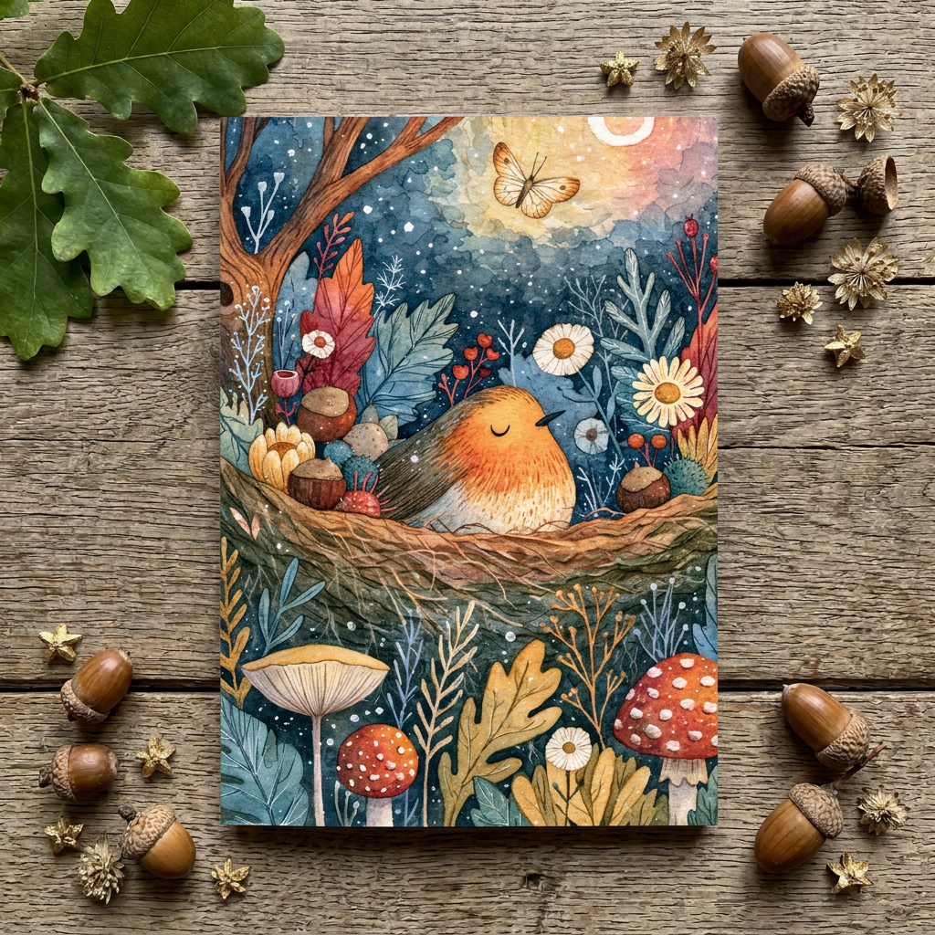 A notebook featuring a woodland illustration of a robin in a nest, surrounded by flowers, mushrooms, acorns, and a butterfly, styled on a rustic wood surface with scattered acorns and leaves.