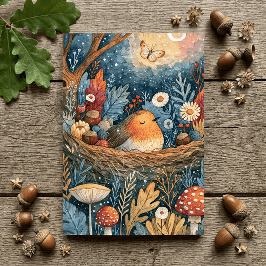 A notebook featuring a woodland illustration of a robin in a nest, surrounded by flowers, mushrooms, acorns, and a butterfly, styled on a rustic wood surface with scattered acorns and leaves.