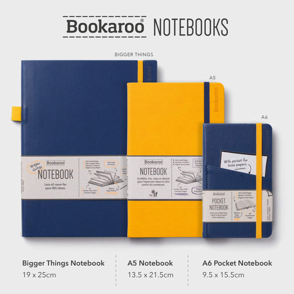 Three notebooks of different sizes with Bookaroo branding on a light gray background