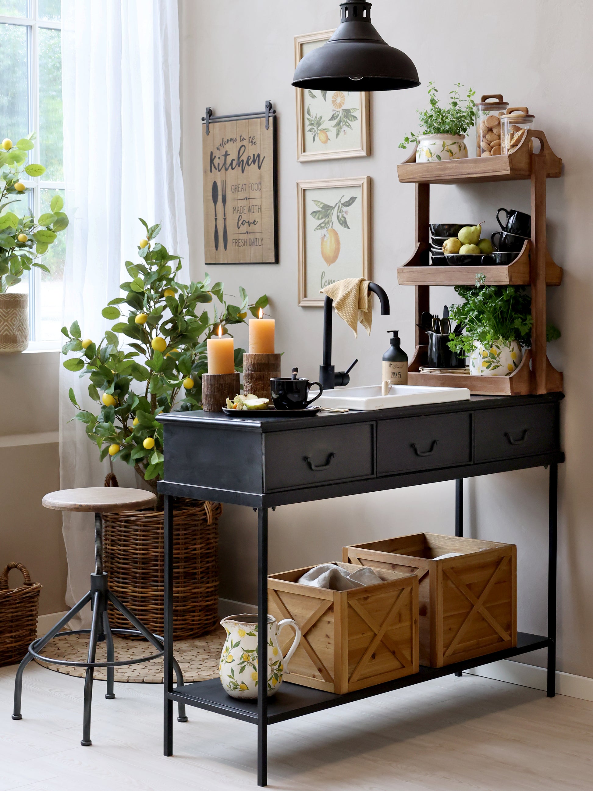 Kitchen island with sink, shelves, and decor in a bright room.