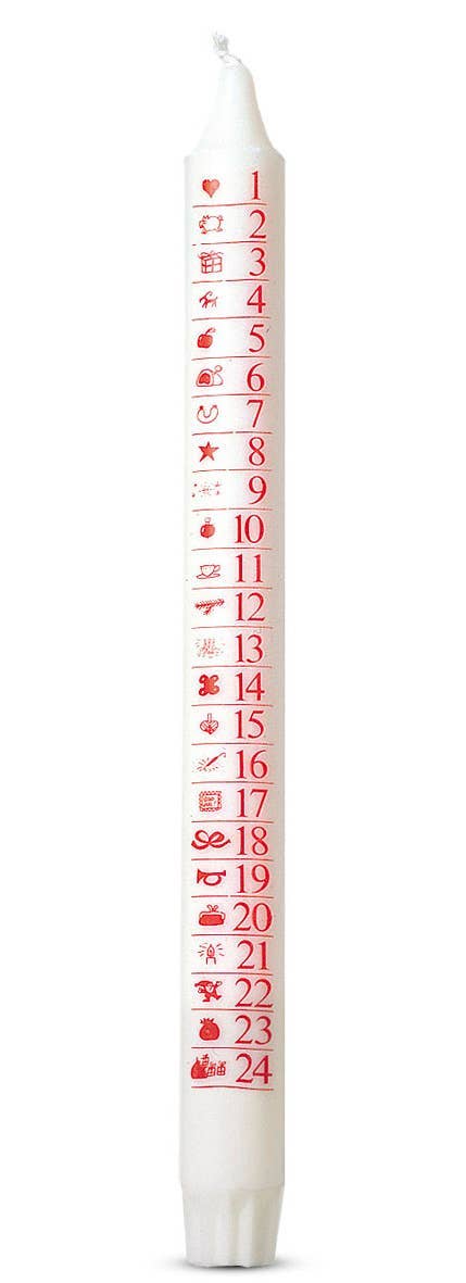 A white advent candle with red printed numbers and small red icons from 1 to 24, shown on a plain white background.