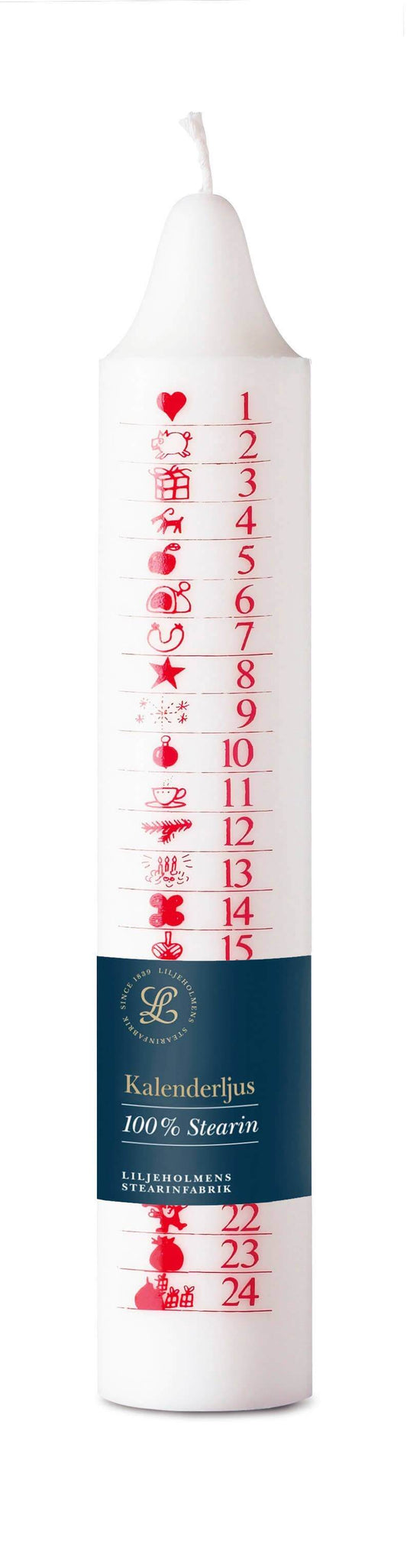 A white advent calendar candle shaped like a taper candle, featuring red printed numbers 1 through 24 with corresponding Christmas icons, a dark blue band near the bottom, and a white wick at the top.