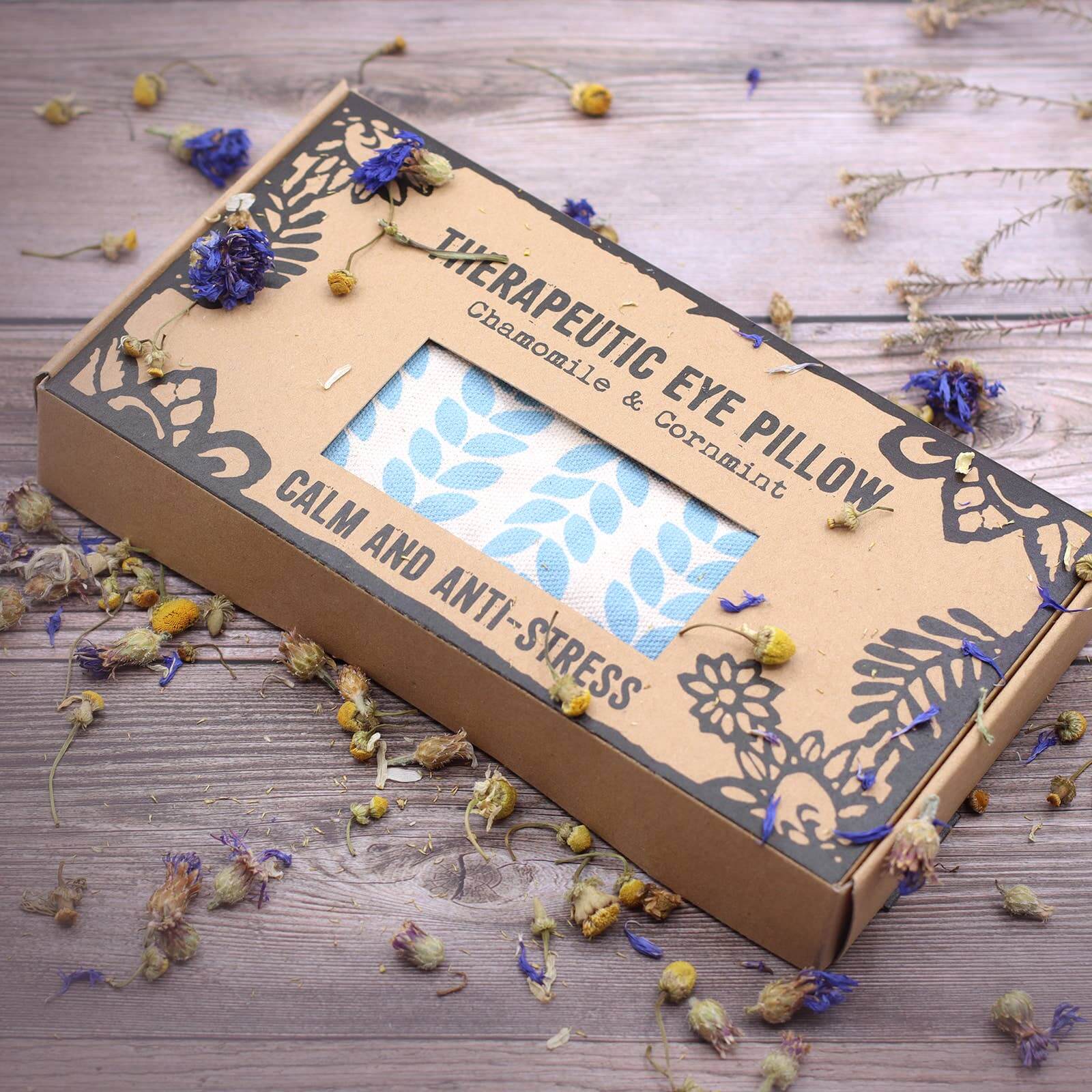 Agnes + Cat Becalmed Eye Pillow packaging with floral design for calming relaxation.