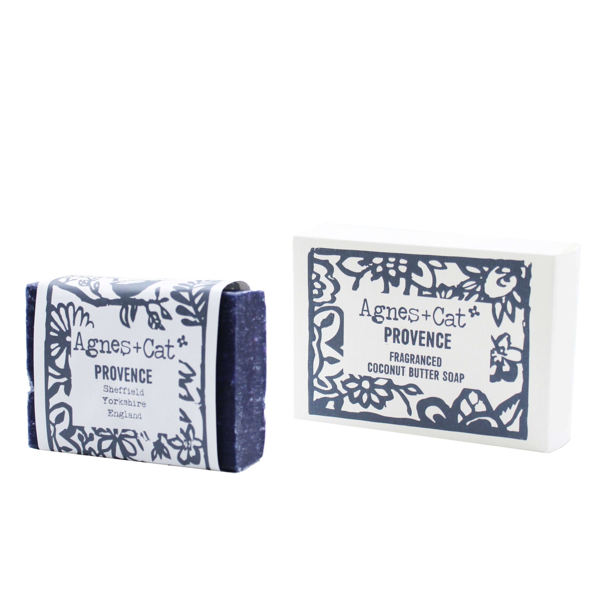 Agnes + Cat Coconut Butter soap in Provence scent with belly band sitting beside its box on a white background