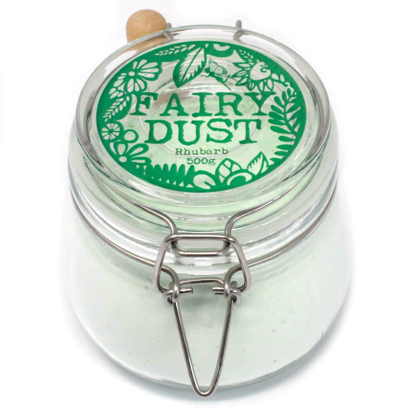 A clear glass Kilner jar with a green floral pattern label on the lid, containing a white powder labeled 'Fairy Dust Rhubarb 500g'.